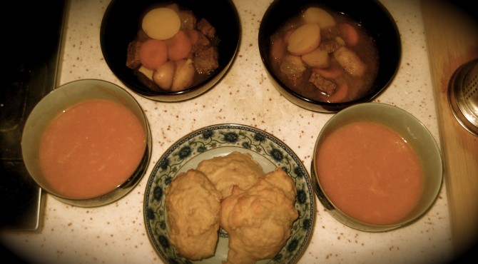 This was dinner: pumpkin soup, Irish stew, savoury buttermilk scones