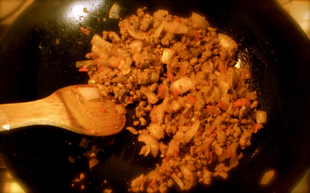 cooking onions and meat